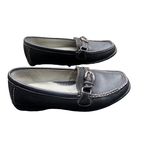 Rockport black leather square toe loafers silver buckle and white stitching. 7.5 - Picture 3 of 8